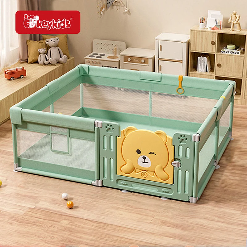 2026 New Green Baby Playpen with Bear Door, Square Activity Center for Home & Play W08M034